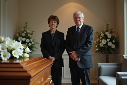 Une femme et un homme âgé près d'un cercueil blanc dans une maison funéraire