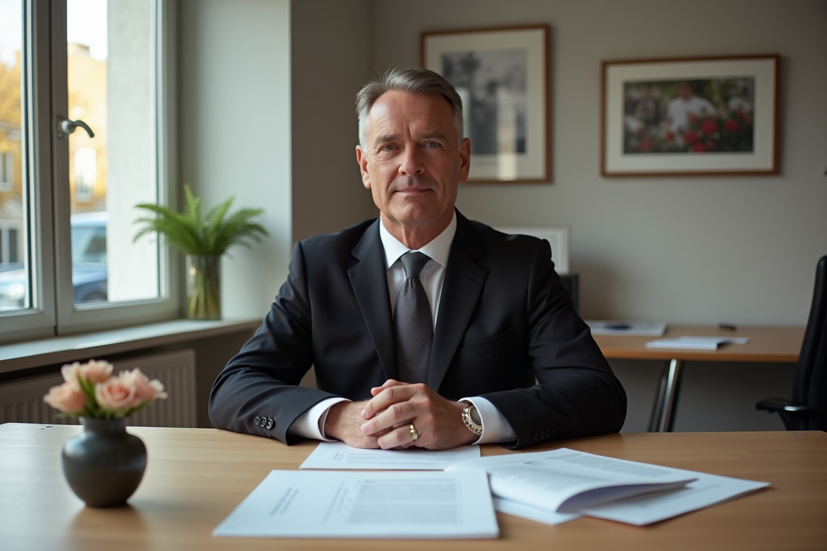 Un agent funeraire assis à son bureau avec documents et fleurs