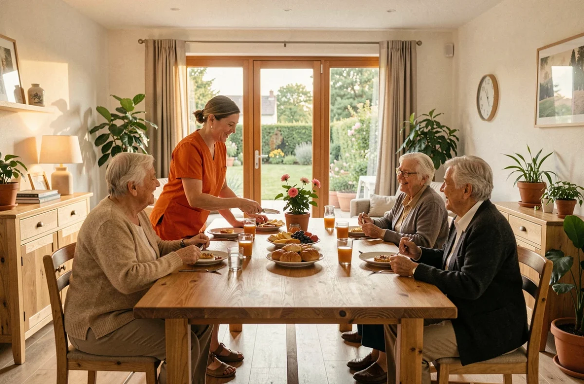 Une accompagnatrice Ages et Vie à Trévol sert le petit-déjeuner à des résidents seniors dans une maison partagée conviviale