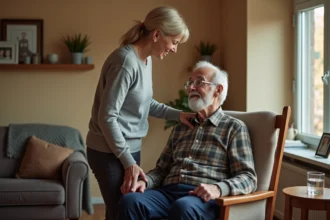 Une aidante familiale aide un homme âgé à se lever de son fauteuil dans un salon chaleureux, illustrant les gestes du quotidien pour les aidants