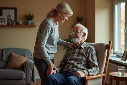 Une aidante familiale aide un homme âgé à se lever de son fauteuil dans un salon chaleureux, illustrant les gestes du quotidien pour les aidants