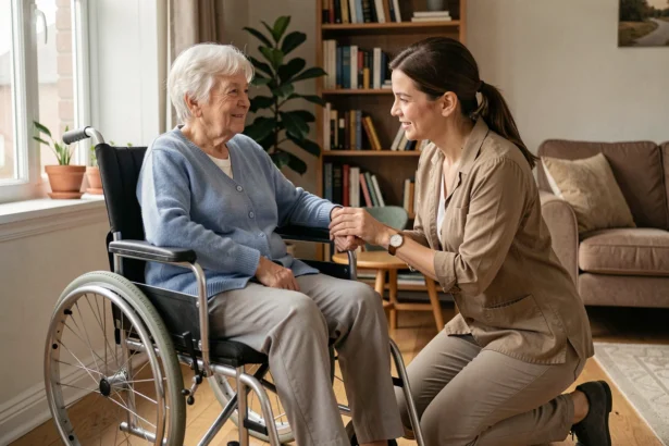 Une aidante familiale tient la main d'une personne âgée en fauteuil roulant à domicile, illustrant l'accompagnement selon le niveau GIR d'autonomie