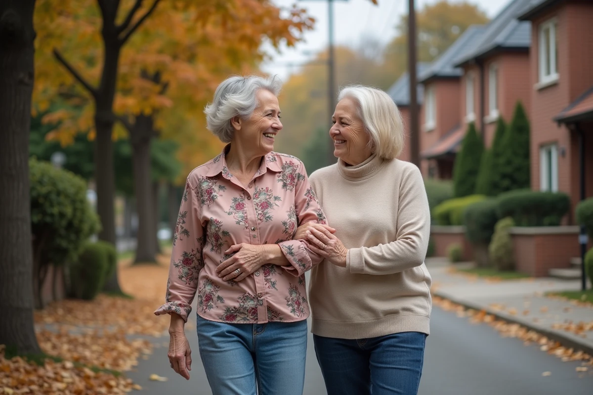 Une aidante soutient une femme âgée lors d'une promenade dans une rue résidentielle en automne, illustrant l'accompagnement bienveillant au quotidien