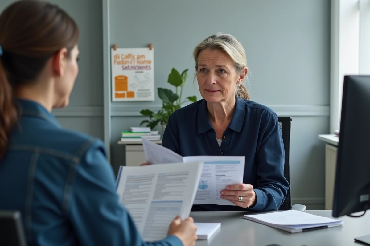 Femme handicapée en rendez-vous avec un conseiller pour des aides complémentaires à la retraite
