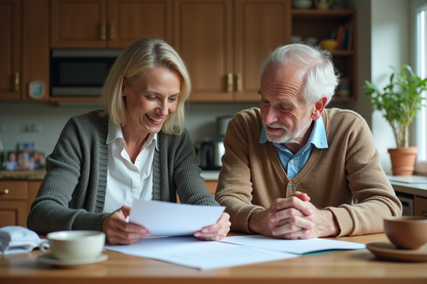 Assistante sociale aidant un senior à la maison