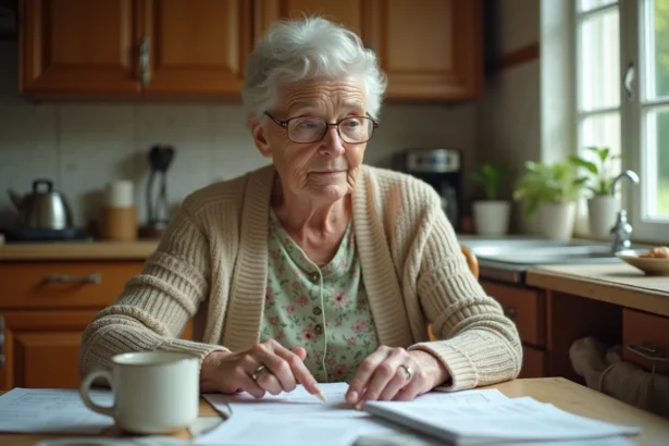 Aide-soignante retraitée qui examine ses documents de pension à la table de sa cuisine modeste