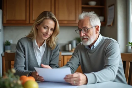 Aide-soignante aidant un senior à la maison
