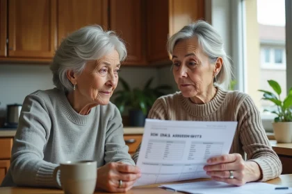 Femme âgée et aidante examinent un formulaire IADL à la maison