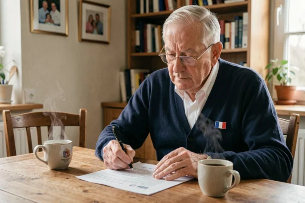 Ancien combattant retraité consultant des documents administratifs pour sa retraite mutualiste à domicile