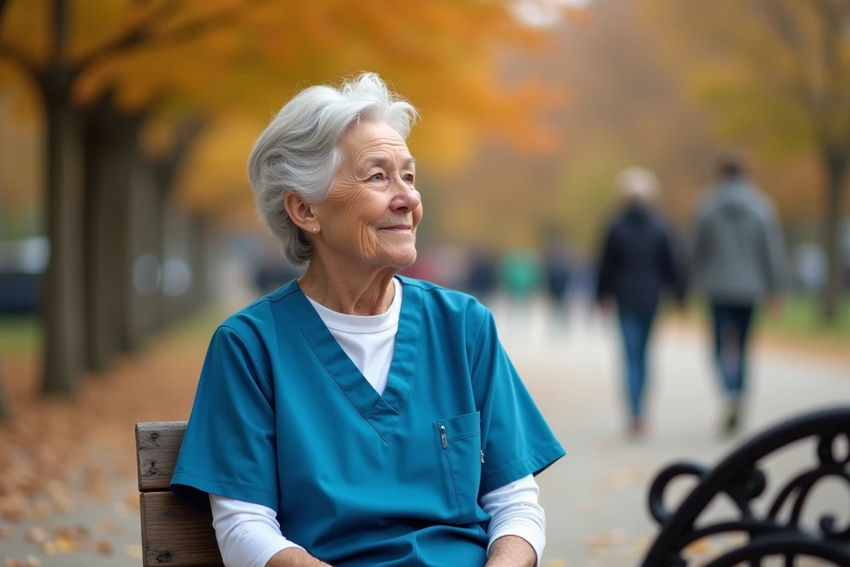 Ancienne aide-soignante assise sur un banc de parc en retraite, regardant au loin avec sérénité