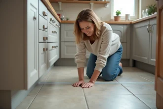 Femme appliquant du ruban antidérapant dans la cuisine