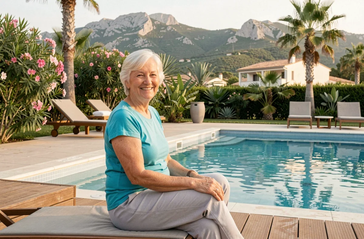 Femme senior souriante au bord de la piscine de la résidence Aquarelia à La Londe-les-Maures, entourée de végétation tropicale et du massif des Maures