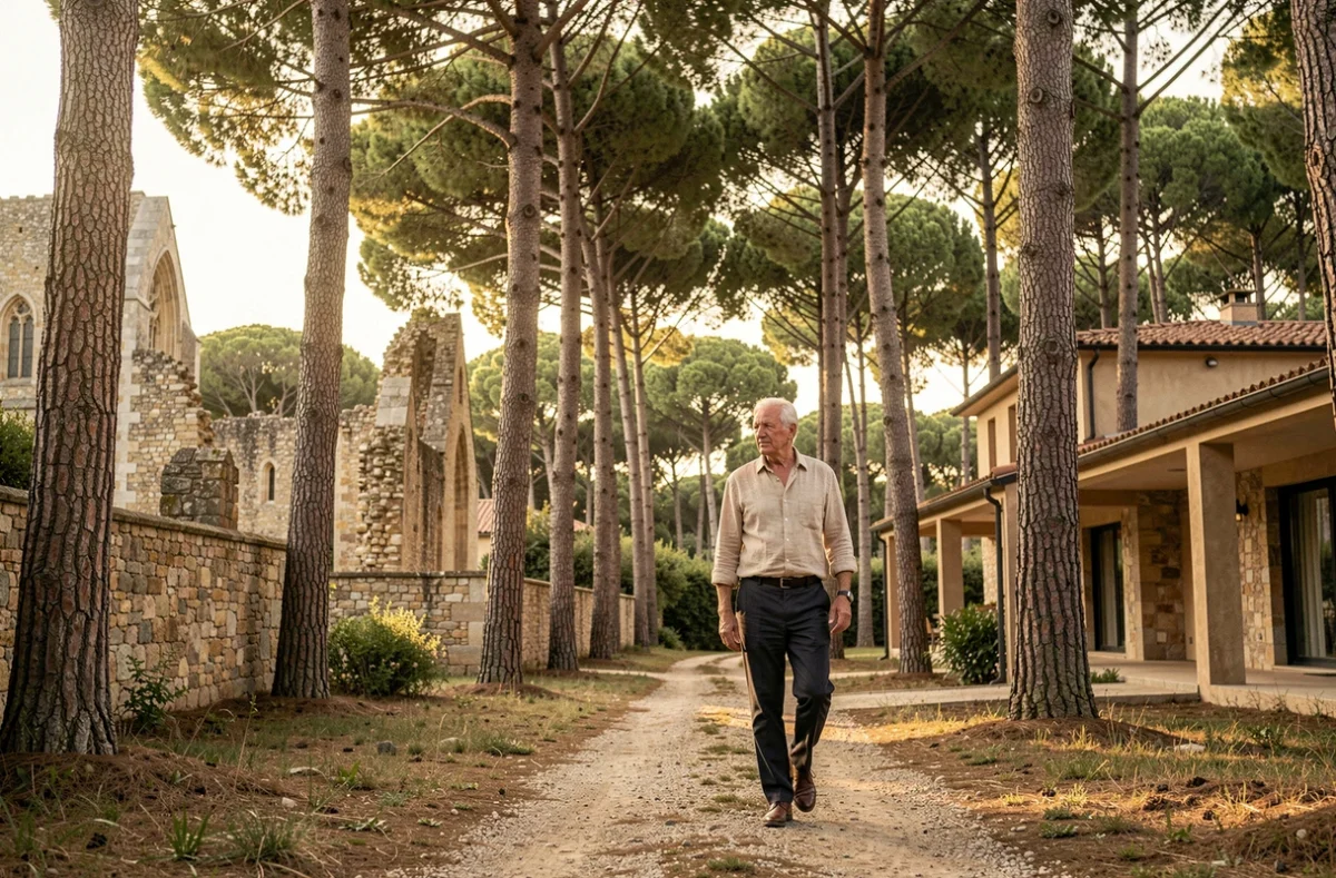 Homme senior se promenant sur un sentier forestier proche de la résidence Aquarelia au Thoronet, entouré de pins et de l'atmosphère de l'abbaye cistercienne