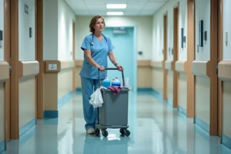 Agent de service hospitalier (ASH) poussant un chariot de nettoyage dans un couloir d'hôpital moderne