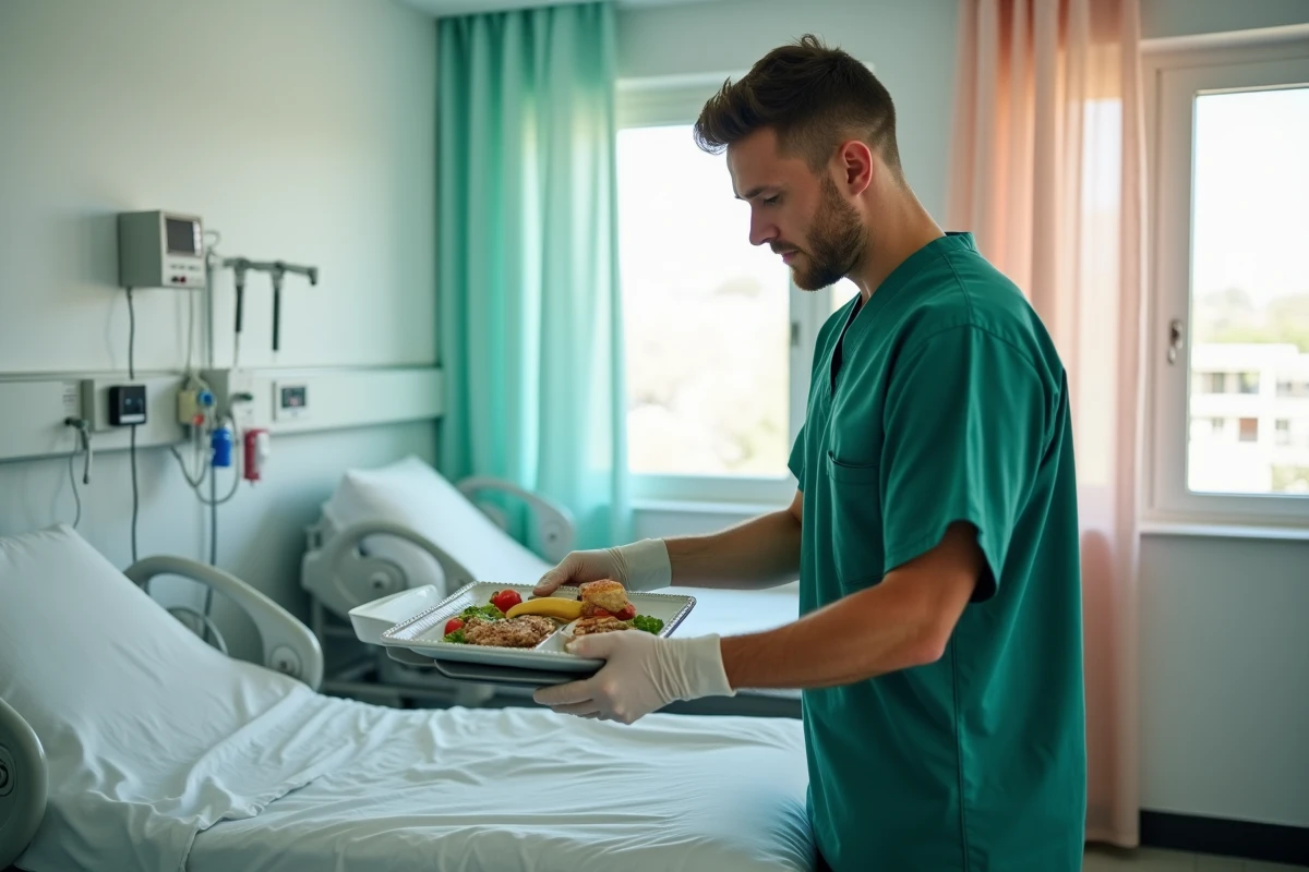 ASH en tenue de soignant distribuant un plateau repas à un patient dans une chambre d'hôpital