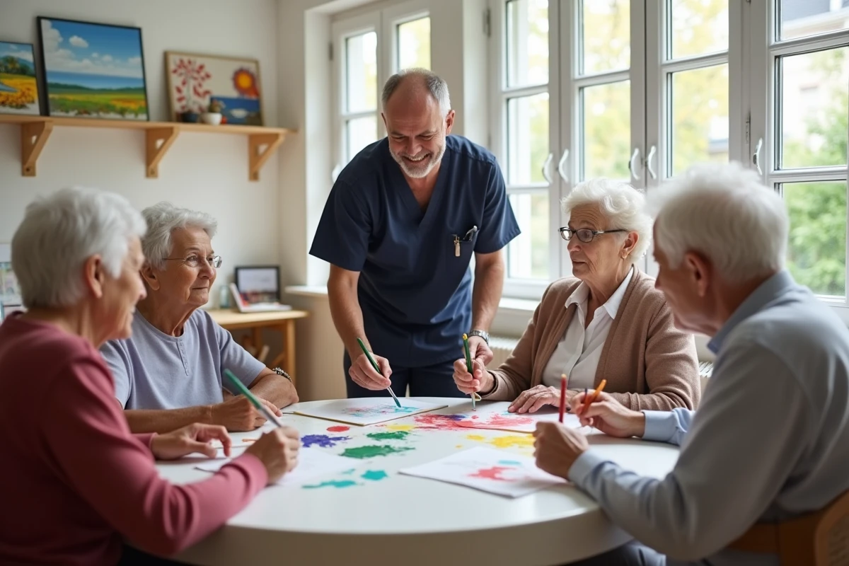 Atelier créatif de peinture animé par un soignant avec des résidents dans une salle d'activités d'EHPAD à Ibos