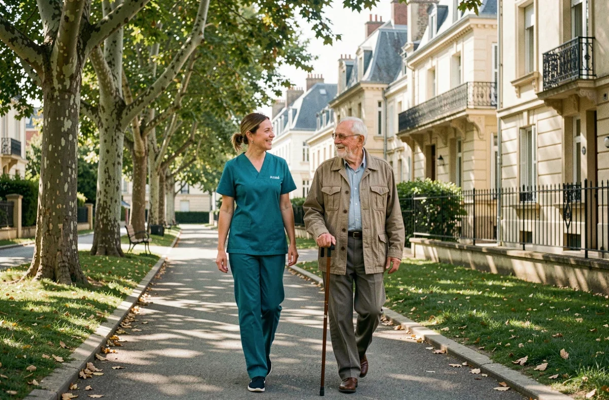 Une intervenante Azaé Vichy accompagne un senior lors d'une promenade dans les rues de Vichy