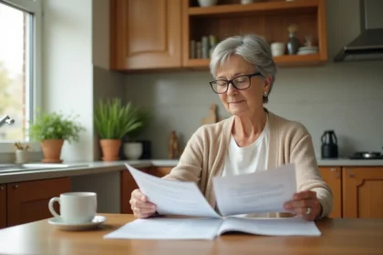 Personne âgée consultant des documents d'aide à domicile LOGISFIL à sa table de cuisine