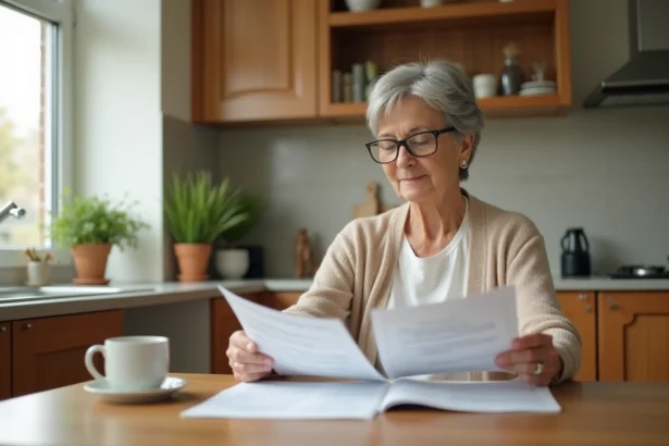 Personne âgée consultant des documents d'aide à domicile LOGISFIL à sa table de cuisine