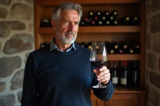 Homme de 50 ans dégustant un verre de vin rouge dans une cave à vin en pierre, idéal comme cadeau pour amateur de vin