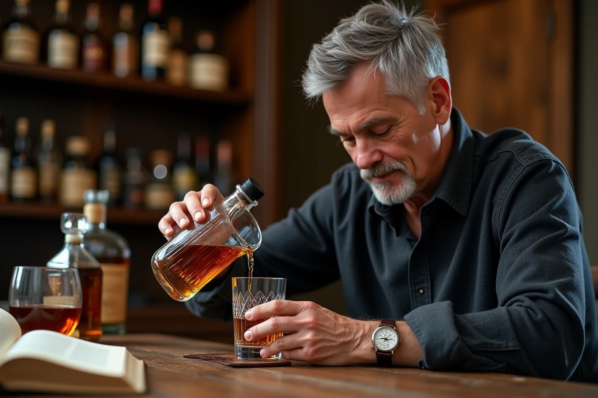 Homme d'une cinquantaine d'années versant du whisky dans un verre en cristal, cadeau idéal pour amateur de whisky