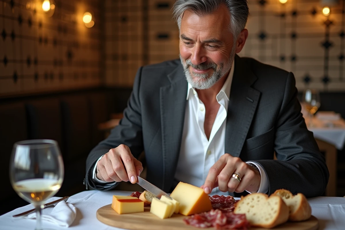 Homme de 50 ans dégustant un plateau gastronomique de charcuterie et fromages dans un restaurant, idée cadeau pour gourmet