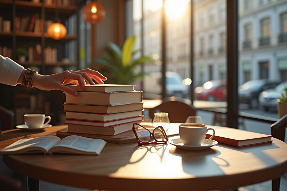 Table de café avec livres et tasses dans une ambiance chaleureuse