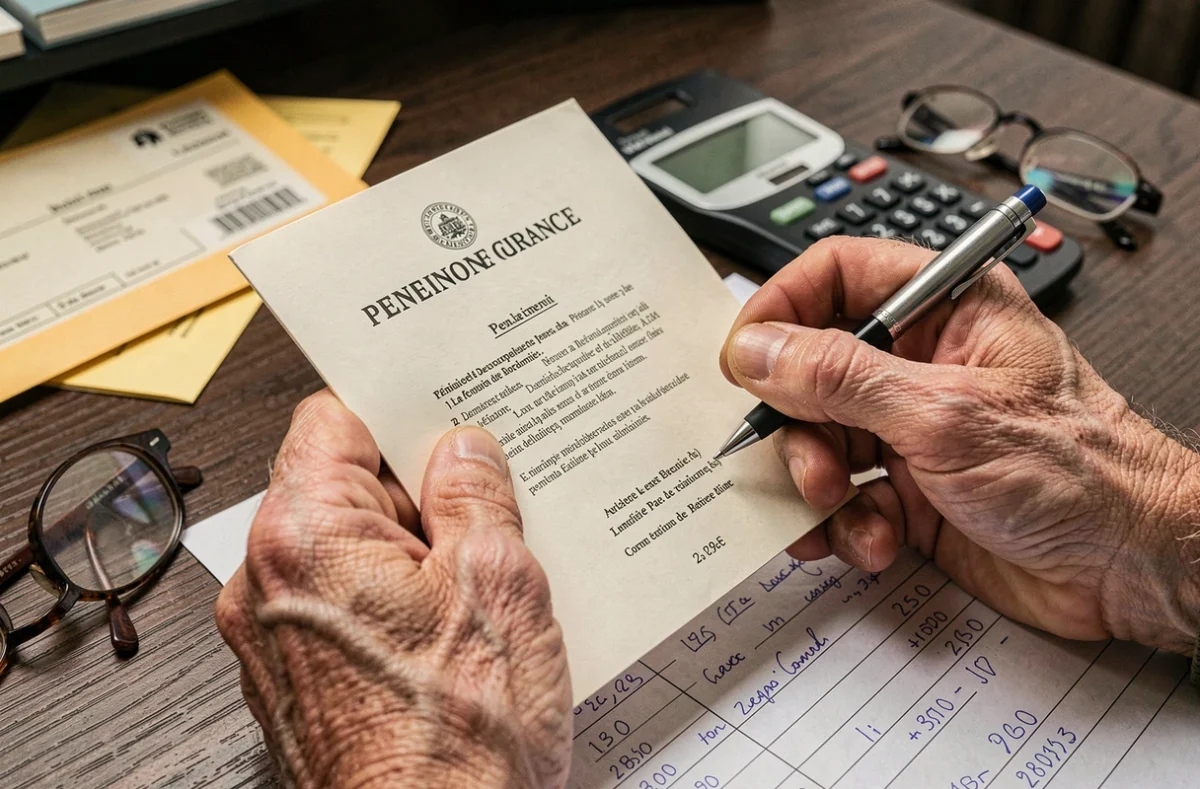 Mains d'un retraité calculant les plafonds et droits de la retraite mutualiste des combattants sur des documents officiels