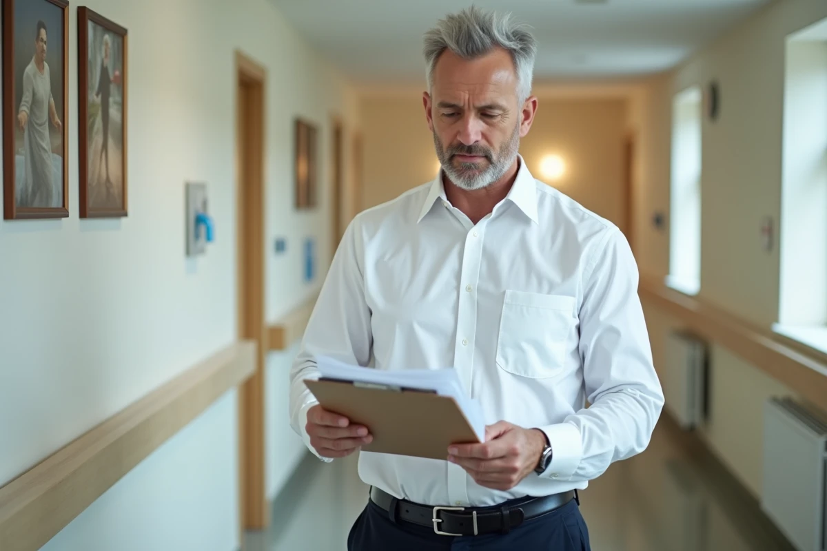 Professionnel de santé relisant sa candidature dans le couloir d'un établissement d'hébergement pour personnes âgées