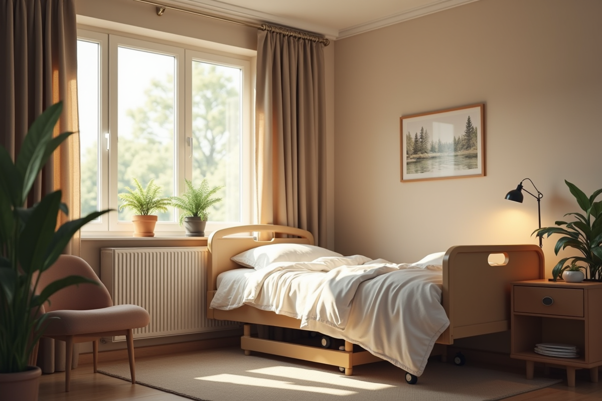 Chambre à domicile chaleureuse avec lit médical et plantes