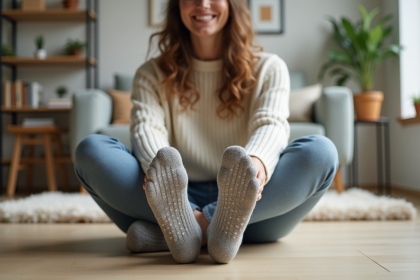 Femme souriante portant des chaussettes antidérapantes confortables