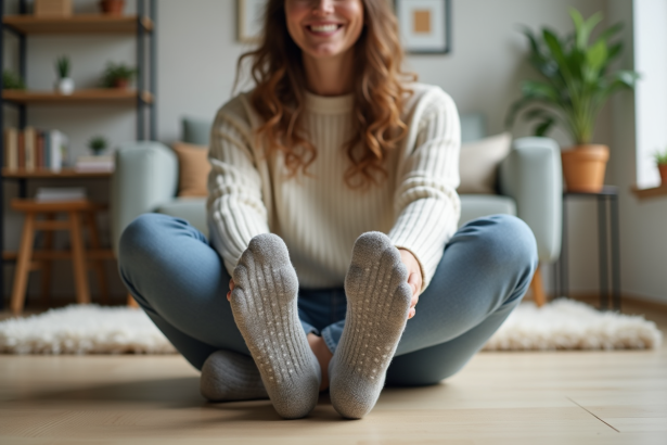 Femme souriante portant des chaussettes antidérapantes confortables