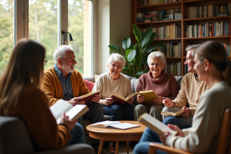 Groupe de personnes dans un club de lecture convivial en salon lumineux