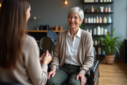 Femme de 60 ans souriante avec coupe courte dans un salon moderne