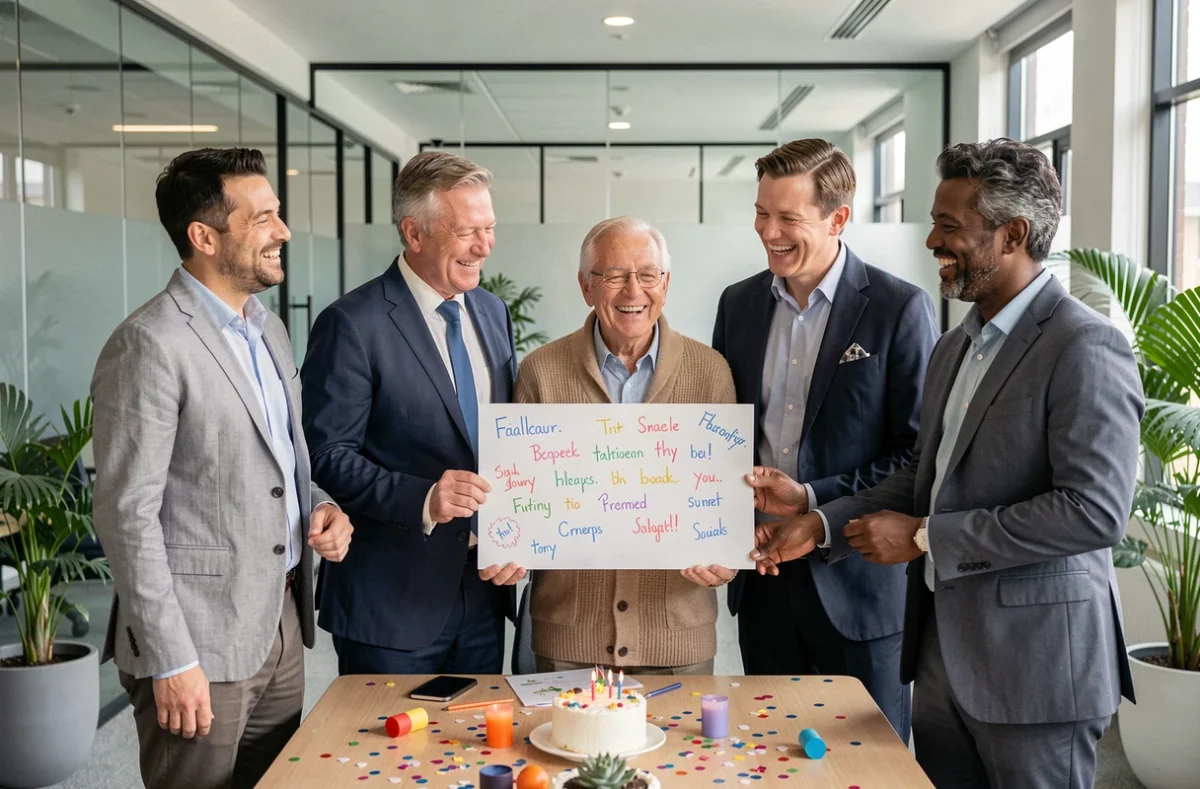 Groupe de collègues souriant tenant une grande carte de départ à la retraite dans un bureau moderne