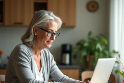 Femme d'une cinquantaine d'années comparant des EHPAD sur un site internet depuis son domicile
