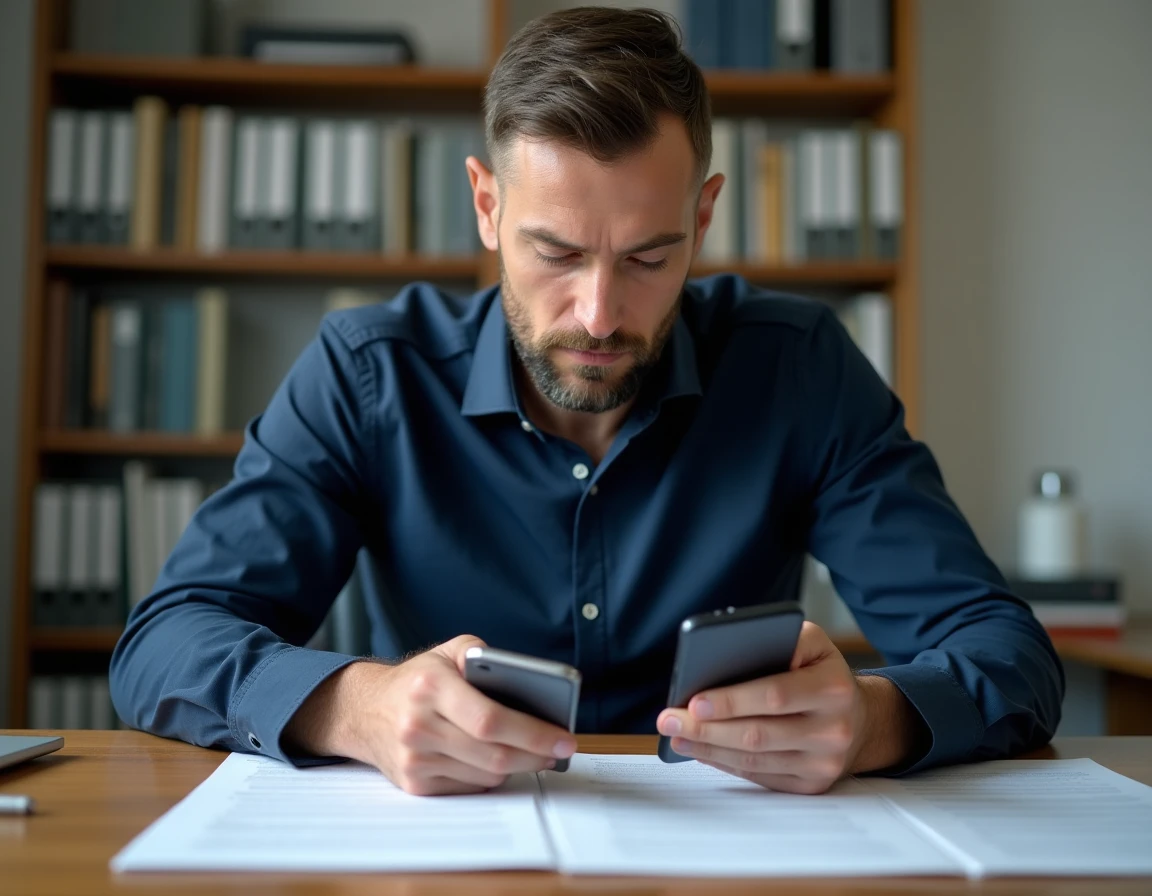 Homme comparant deux téléphones mobiles simples débloqués sur un bureau avec des contrats opérateurs imprimés, aide au choix
