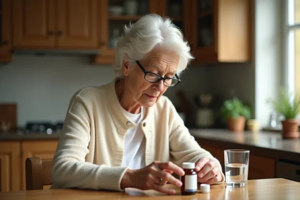 Femme âgée lisant l'étiquette d'un complément alimentaire à sa table de cuisine pour lutter contre la fatigue chronique