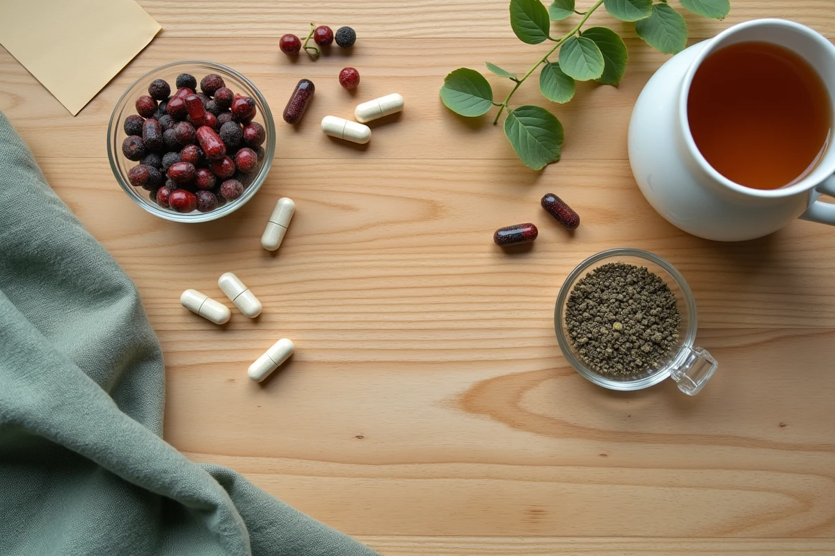 Vue du dessus de compléments alimentaires naturels, plantes et infusion pour seniors souffrant de fatigue chronique
