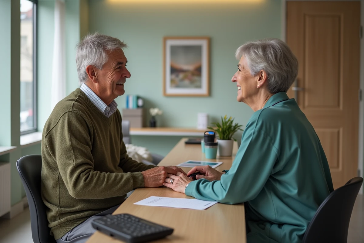 Homme dage moyen parlant avec soignant au bureau