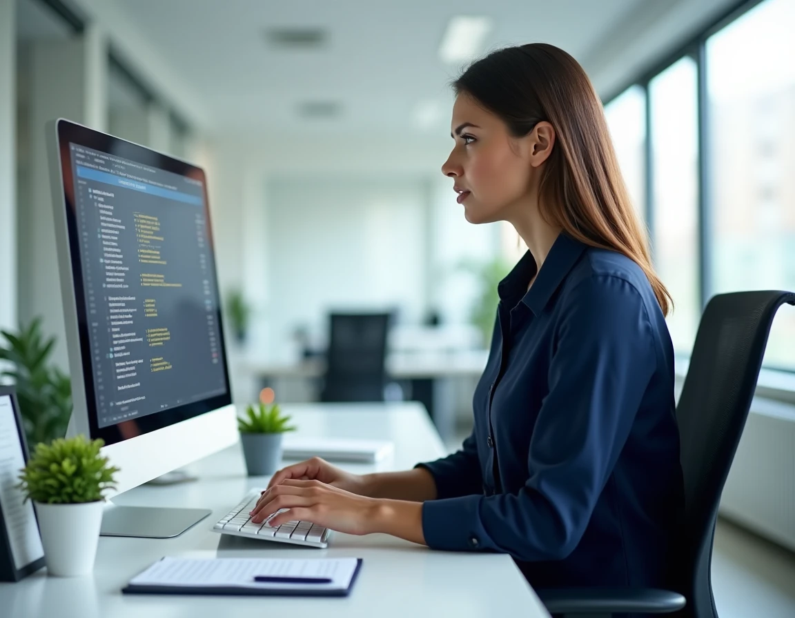 Conseillère spécialisée senior consultant des fiches d'EHPAD sur ordinateur dans un bureau professionnel