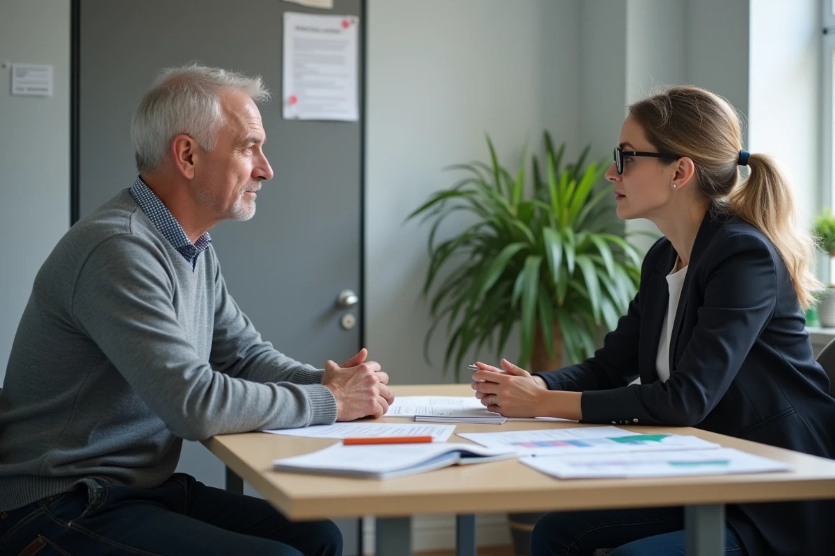 Consultation administrative pour le remboursement d'un fauteuil releveur avec une assistante sociale et les formulaires de la Sécurité sociale