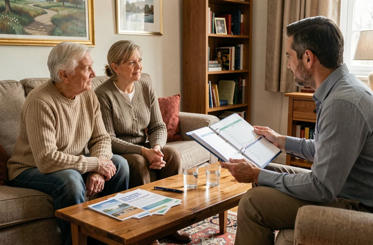 Couple de retraités consultant un conseiller financier pour préparer leur départ à la retraite avec la revalorisation Agirc-Arrco 2026