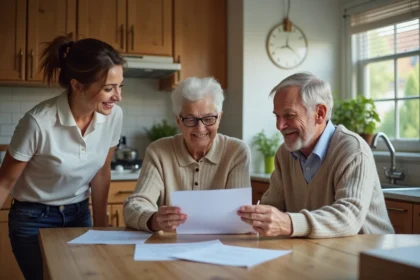 Couple âgé souriant avec un professionnel du déménagement