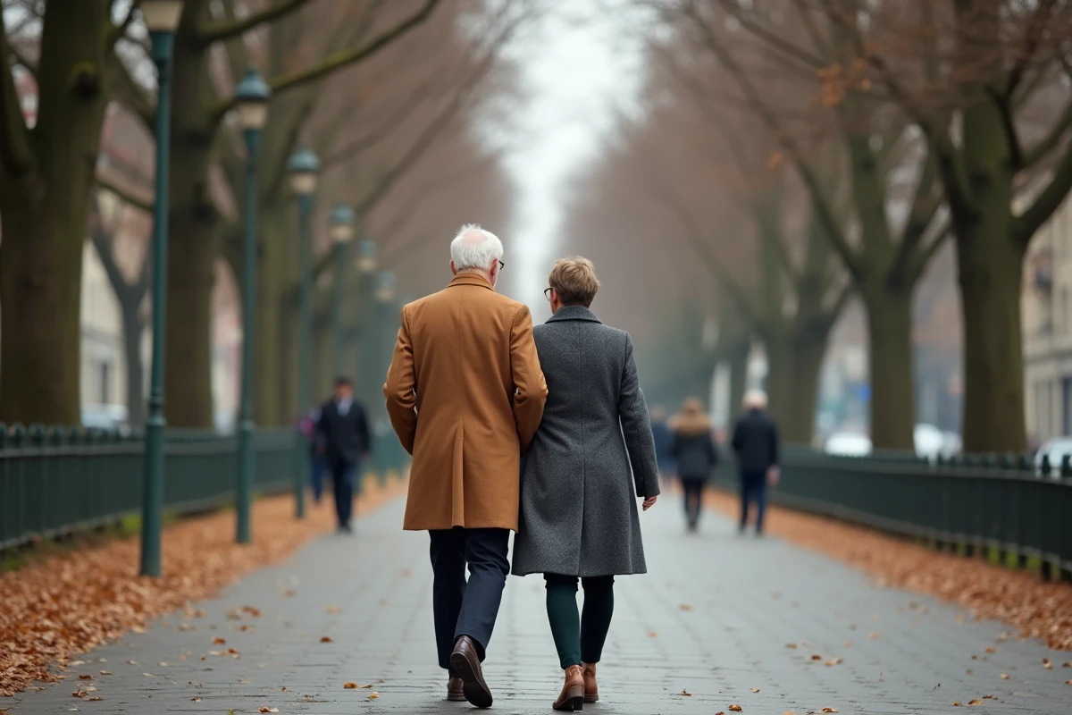 Couple élégant marchant côte à côte sur un boulevard parisien en automne, symbolisant une relation naissante et discrète