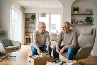 Couple de seniors souriants dans un appartement moderne