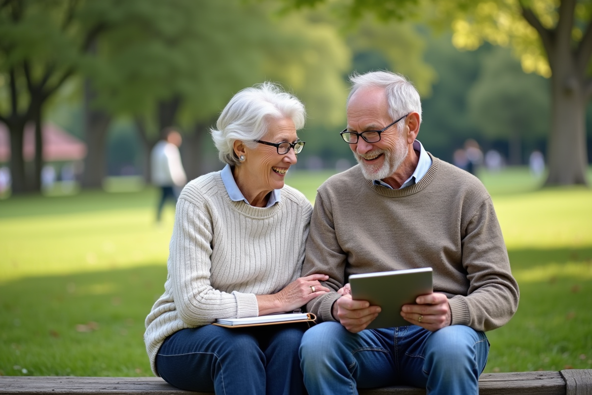 Couple âgé discutant dans un parc