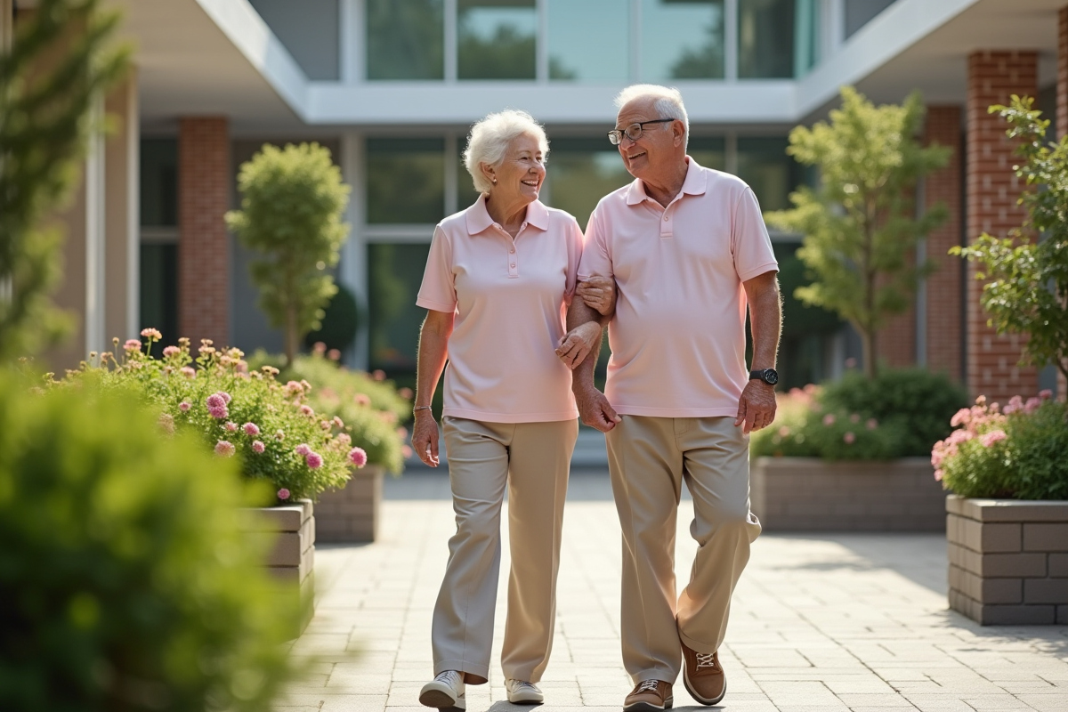 Couple senior se promenant dans cour de residence moderne