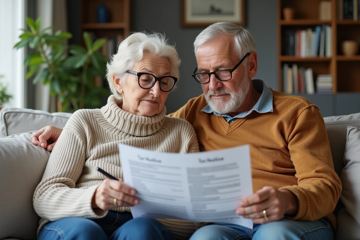 Couple de retraités examinant ensemble leur avis d'imposition et calculant l'abattement fiscal sur leur pension de retraite