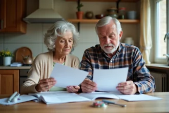 Couple de retraités examinant des documents fiscaux et financiers à la table de cuisine en 2026